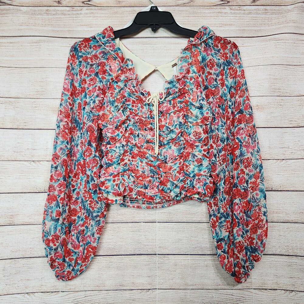 Free People Mabel Smocked Peasant Blouse Floral  Sheer Combo Size S/P Crop
